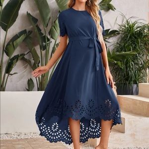 SHEIN Navy Maternity Laser Cut High-low Hem Belted Dress - Large